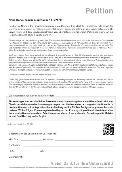 Petition Neubau Donaubrücke Mauthausen